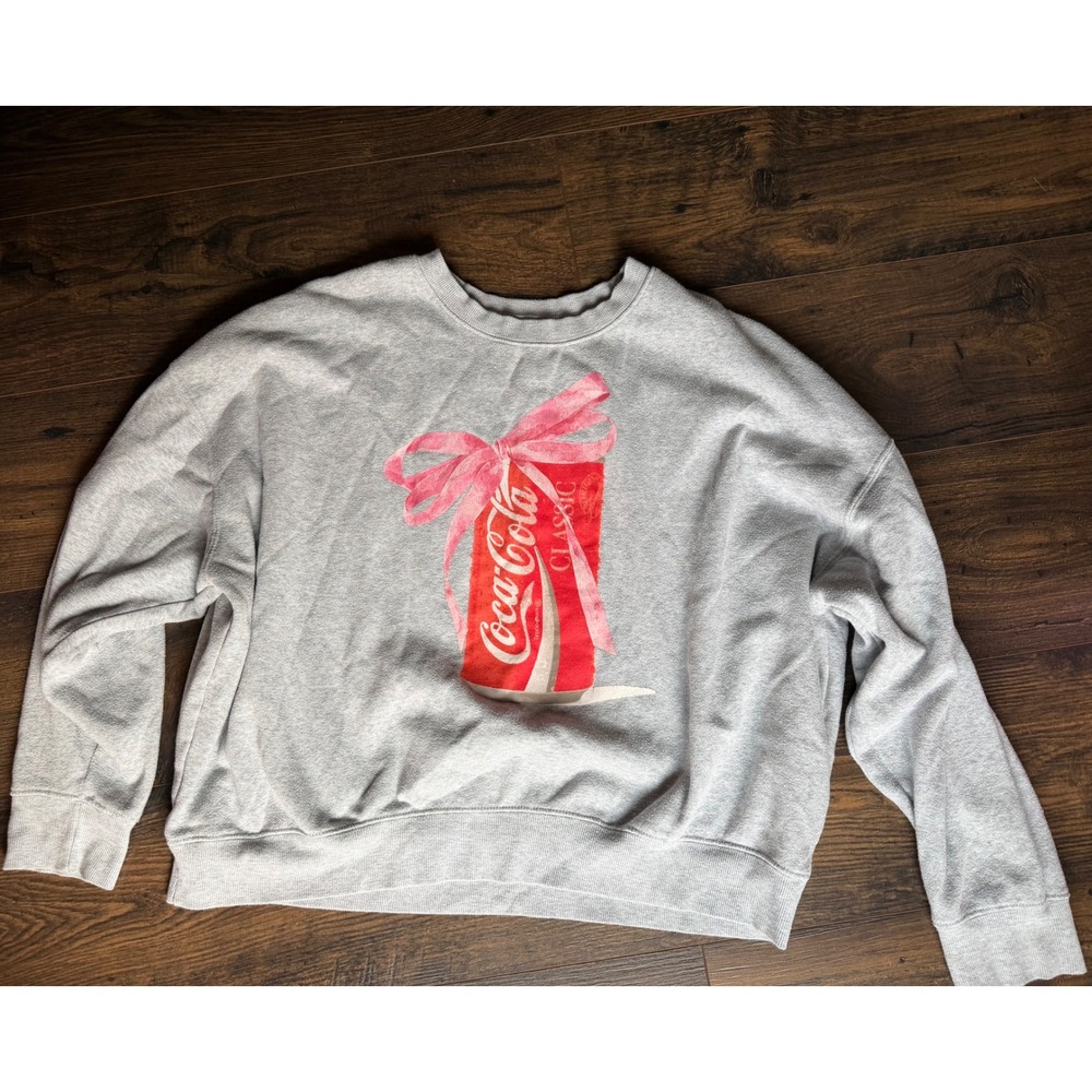 Coca-Cola‎ Classic Graphic Sweatshirt Heather Gray Pink Bow Pullover XL 0026